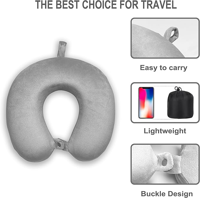 Neck Pillow for Airplane Travel, 100% Pure Memory Foam Travel Neck Pillow for Sleeping & Travel Essentials for Neck Rest, Grey, Pack with Box