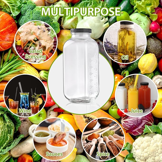 32oz Glass Juice Bottles with Lids 2Pack,Reusable Square Glass Milk Bottle with Lid,Clear Empty Glass for Beverages, Jams, Kombucha, Milkshakes,Oils(32fl.oz,Set of 2)