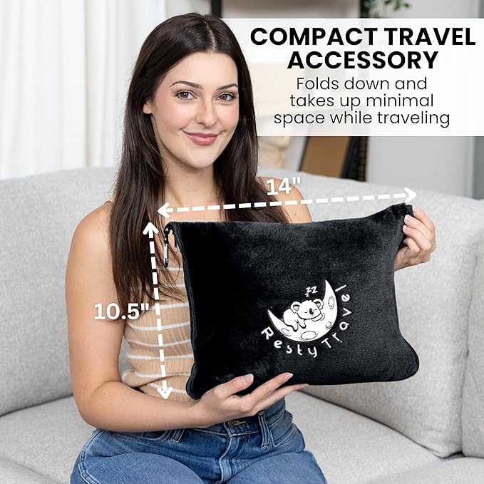 Resty Travel Blanket - Compact Airplane Blanket with Bag - Small and Lightweight Traveling Blanket & Pillow - Portable Blankets with Carabiner for Easy Transport - Plane Train Car (Onyx Black)
