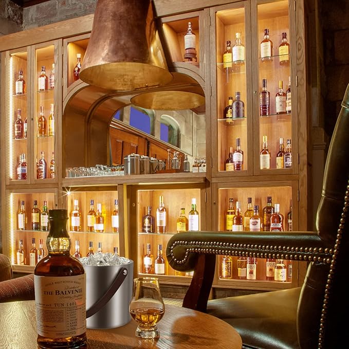 3L Large Ice Bucket with Lid, Ice Tong, Strainer & Leather Handle Keep Ice Frozen Longer Large Wine Ice Buckets for Parties,Cocktail Bar, Chilling Beer Champagne, Dark Brown Handle 3L