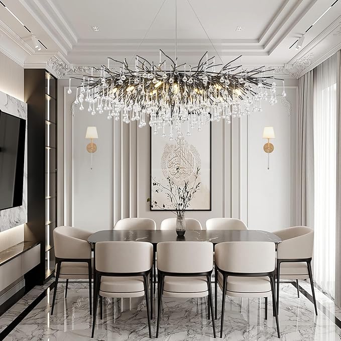 Black Chandelier for Dining Room,L47.24in Rectangular Modern Chandeliers Raindrop Light,Tree Branch Chandelier Light Fixture for Kitchen Island,Entryway 13-Light