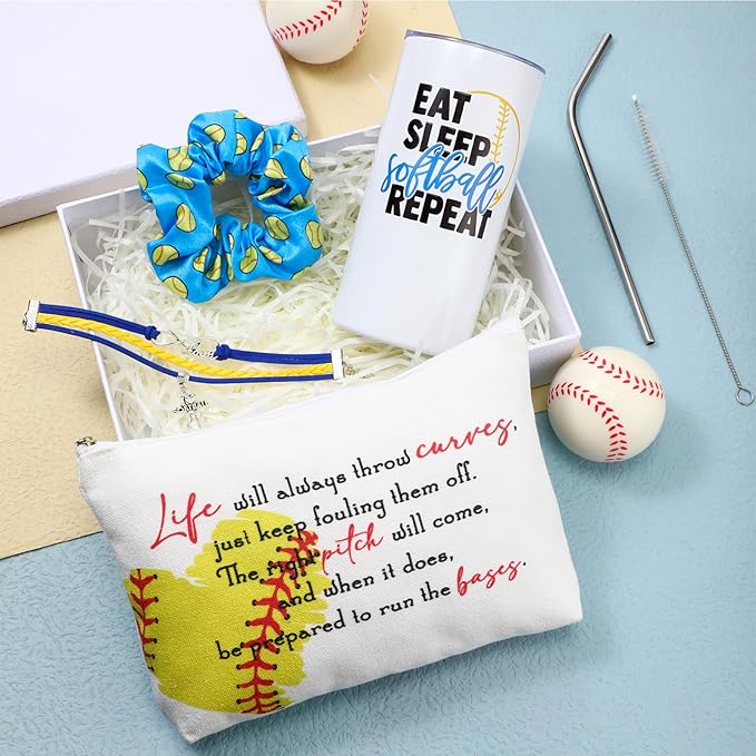 4 Pieces Sports Gifts Set - Hair Scrunchies, Elastic Hair Bands, Ball Charm Bracelet, Zipper Pouch, and Tumbler for Women