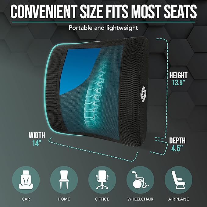 SAMSONITE, cooling gel, lumbar support pillow for office chair or car seat - boost your lower back comfort zone, high grade - memory foam, universal chair cushion, breathable mesh, washable cover