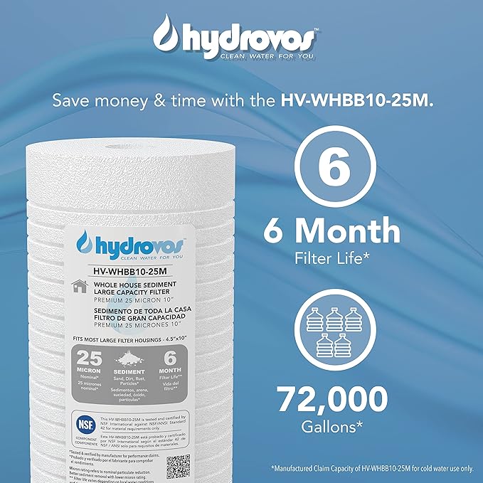 4.5 x 10 Inch Large Capacity Whole House Water Filter, NSF 42 Certified 25 Micron Sediment Filtration, Compatible with Replacement Filters WHKF-GD25BB. AP810, AP801, GXWH30C, GXWH35F, GWWH40