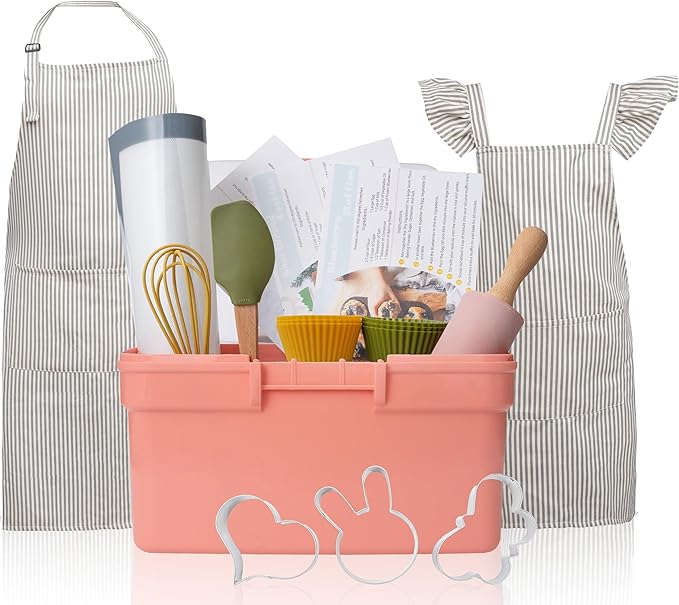 Kids Baking Set with Elegant Matching Apron for Child and Adult, Storage case, Real Working Utensils, Cookie Cutters, and Baking Supplies