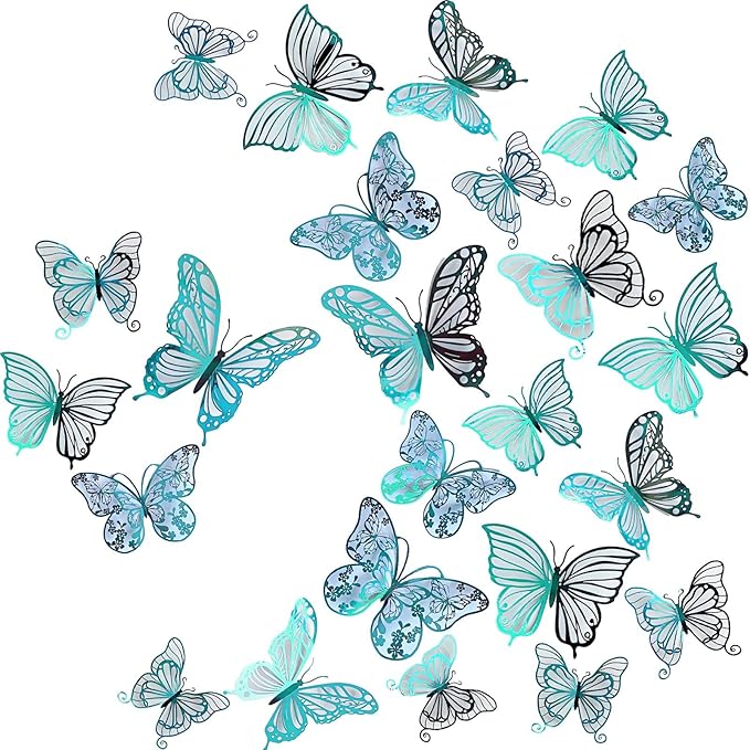 3D Butterfly Wall Decor 48 Pcs 4 Styles 3 Sizes, Butterfly Birthday Decorations Butterfly Party Decorations Cake Decorations, Removable Stickers(Green)
