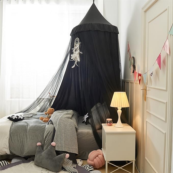 VETHIN Bed Canopy for Girls Kids,Princess Round Dome Children Dreamy Mosquito Net Bedding Girls Room Castle Play Tent Hanging House Decor Reading Nook Canopies (Black/Black)