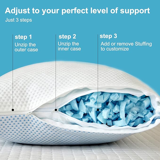 Cooling Pillow for hot Sleepers - Pillow for Side and Back Sleeper - Adjustable Bed Pillows Queen for Neck and Shoulder Pain Relief - Shredded Memory Foam Cooling Gel Pillow with Extra Fill