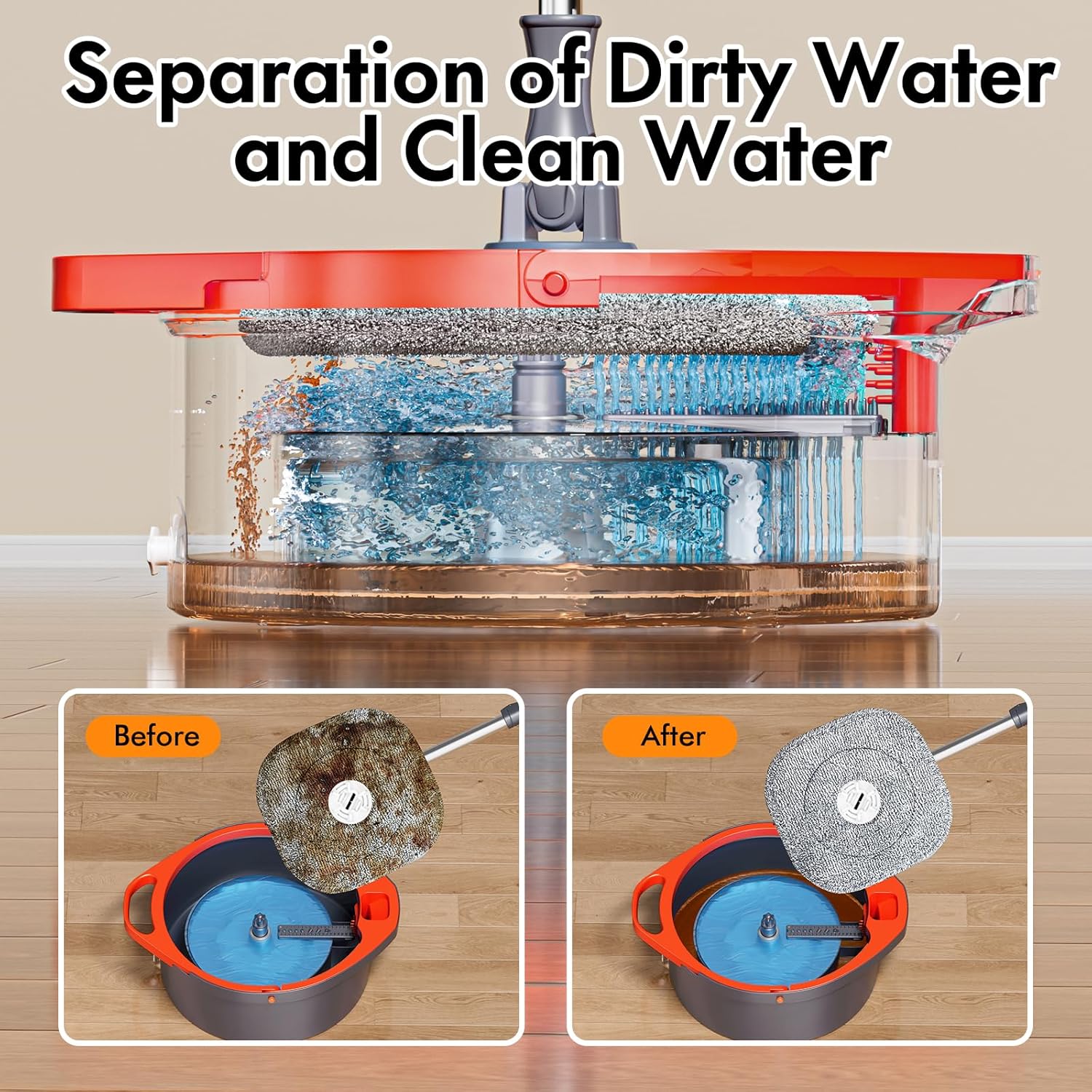 Spin Mop and Bucket Set with Separate Dirty and Clean Water,360° Spin Mop and Bucket System with Widening Foldable Handle,4 Replaceable Mop Pads,Square Mop for Floor Hardwood Tile Marble Wall Cleaning