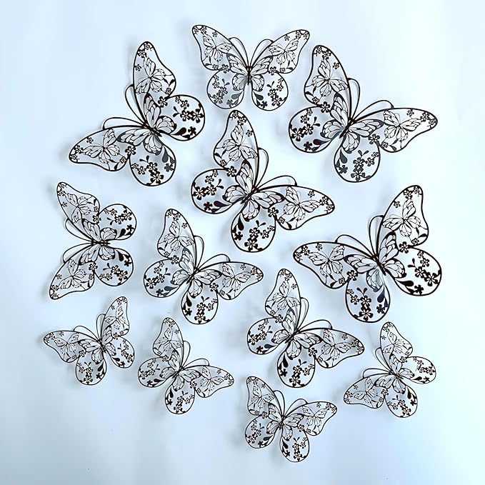 3D Butterfly Wall Decor 3 Sizes 4 Styles, Kurilai 48Pcs Butterfly Decorations Party Birthday Cake Decoration, Removable Wall Stickers for Kids Nursery Wedding Bedroom Room Decor (Black)