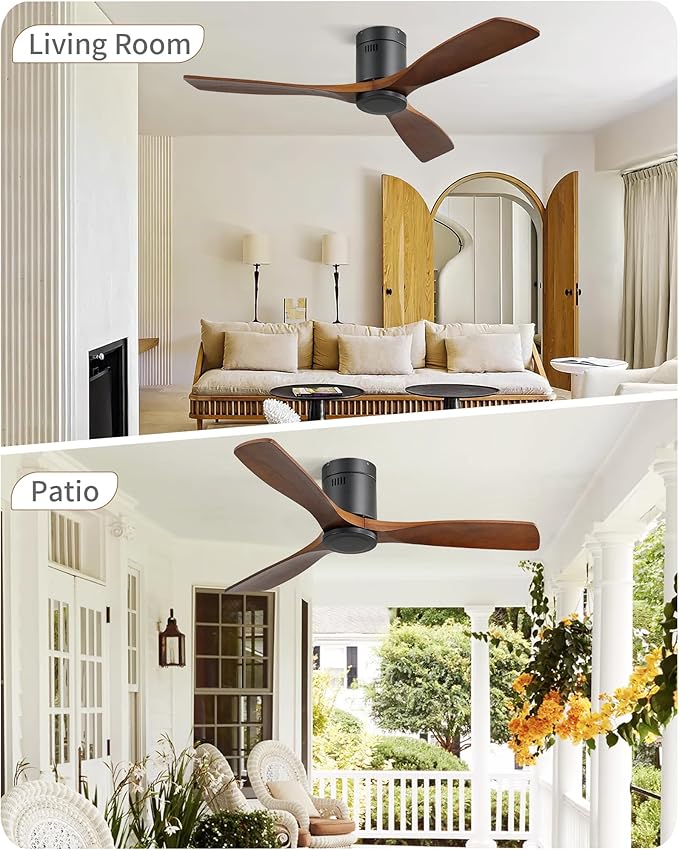CACI Mall 52 Inch Flush Mount Wood Ceiling Fan without Light,Low Profile,Modern,6 Speed,3 Blades Timer,Remote Control,Quiet Reversible DC Motor for Berdrooms, Livingroom, Patios