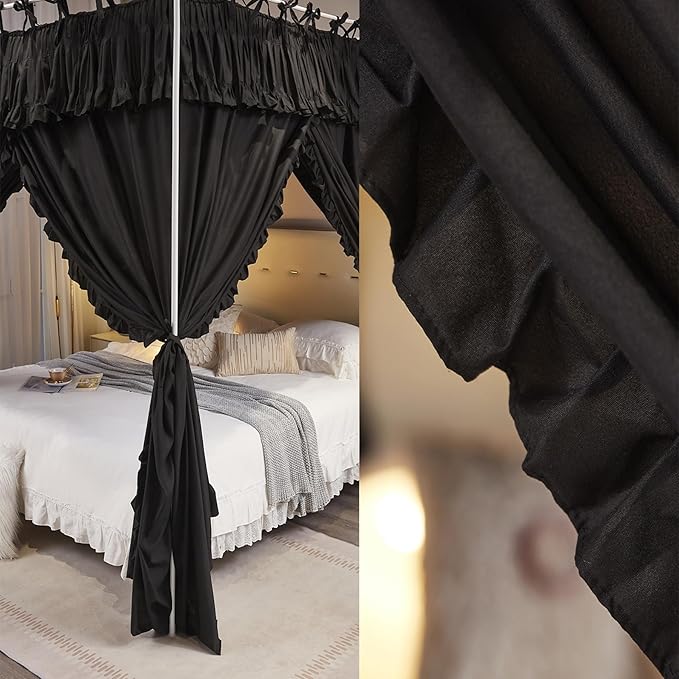 4 Corners Post Princess Ruffle Curtain Bed Canopy Lace Up Elastic Cozy Breathable Tent Mosquito Net for Girls Bedroom Decoration(Black, 70-78" W*86" L*82" H/King)