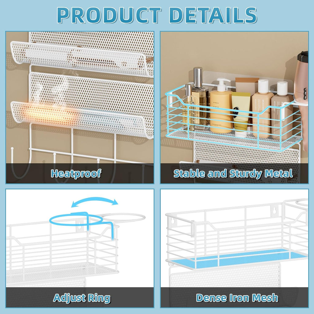 VITVITI Metal Hair Tool Organizer Wall Mount, Hair Dryer Holder with 4 Tier Shelf Basket Hooks, Bathroom Hairs Styling Tool Organizer for Curling Iron/Blow Dryer/Straightener, White
