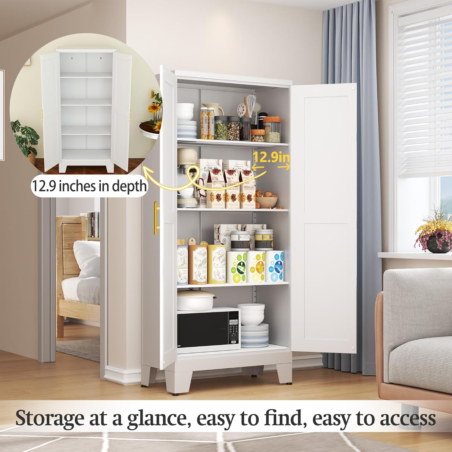 White Metal Storage Cabinet, 61" Steel Cabinets for Home Office, Kitchen Pantry Storage Cabinet with Doors and 3 Adjustable Shelves, Tool Cabinet, for Office, Home, Garage, School