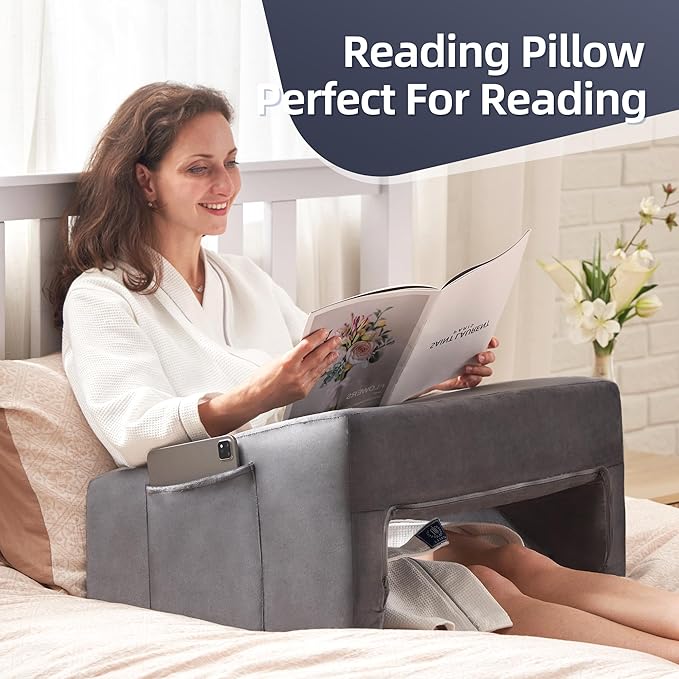 Homguava Reading Pillow Memory Lap Desk Foam Pillow for Adults Gaming Pillow Arm Rest Pillow for Reading, Crocheting, Gaming or Sitting in Bed (Grey, Large)