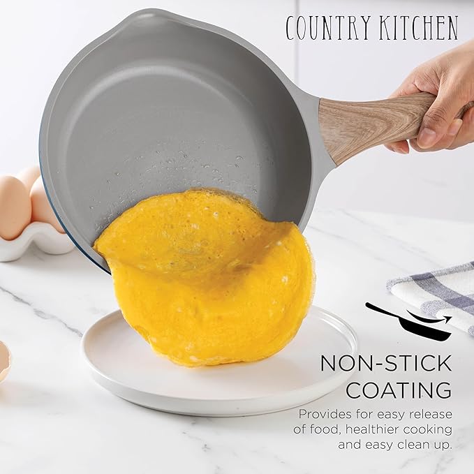 Country Kitchen Pots and Pans Set Nonstick, Cast Aluminum Kitchen Cookware Set with Utensils, 14 Pcs Non Stick Cooking Set w/Frying Pans & Saucepans