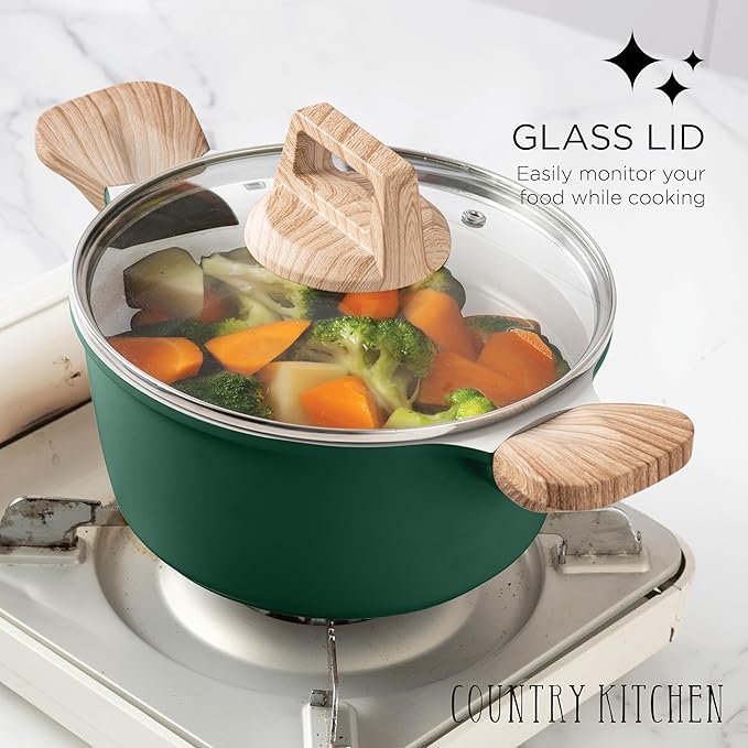 Country Kitchen Pots and Pans Set Nonstick, Cast Aluminum Kitchen Cookware Set with Utensils, 14 Pcs Non Stick Cooking Set w/Frying Pans & Saucepans