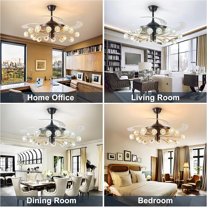 Sputnik Fandelier Ceiling Fan: 48" Gold Chandelier with Fan and Remote for Living Room - 18 Lights Black Fandelier for Bedroom - Retractable Crystal Ceiling Fans with Lights Farmhouse
