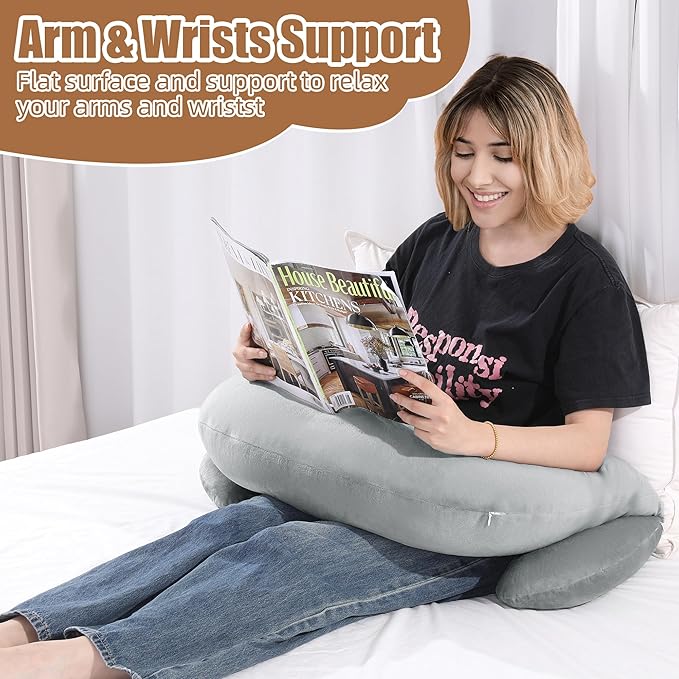 MABOZOO Reading Pillow for Gaming, Gaming Pillow for Sitting in Bed or Sofa, Lap Desk Pillow for Reading, Working and Playing, Grey