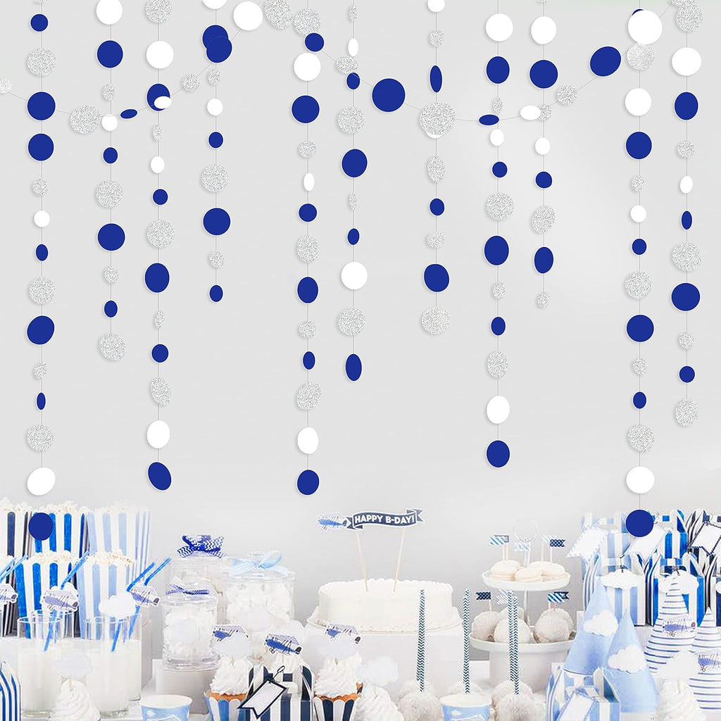 46 Feet Navy Blue White and Silver Circle Dots Garland Royal Blue Hanging Paper Polka Dots Streamer for Birthday Wedding Bridal Baby Shower Nautical Ahoy Achor Pirate Theme Party Decorations Supplies