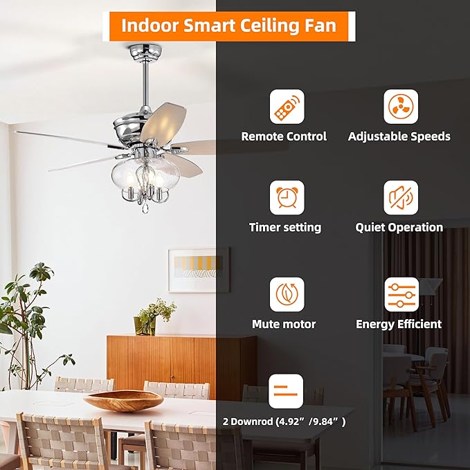 NicBex Ceiling Fan 52 Inch Classic Crystal Ceiling Fan with Lights Ceiling Fans with 5 Blades and Remote Control Ceiling Fan with Lamp Shade for Bedroom, Living Room, Silver