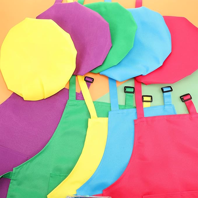 Sratte 20 Pcs Kids Apron and Chef Hat Set Kids Plastic Knife Set with Cutting Board, 5 Toddler Apron 5 Chef Hat 5 Kid Safe Knives 5 Kids Chopping Board for Baking Cooking Club, Preschool Class