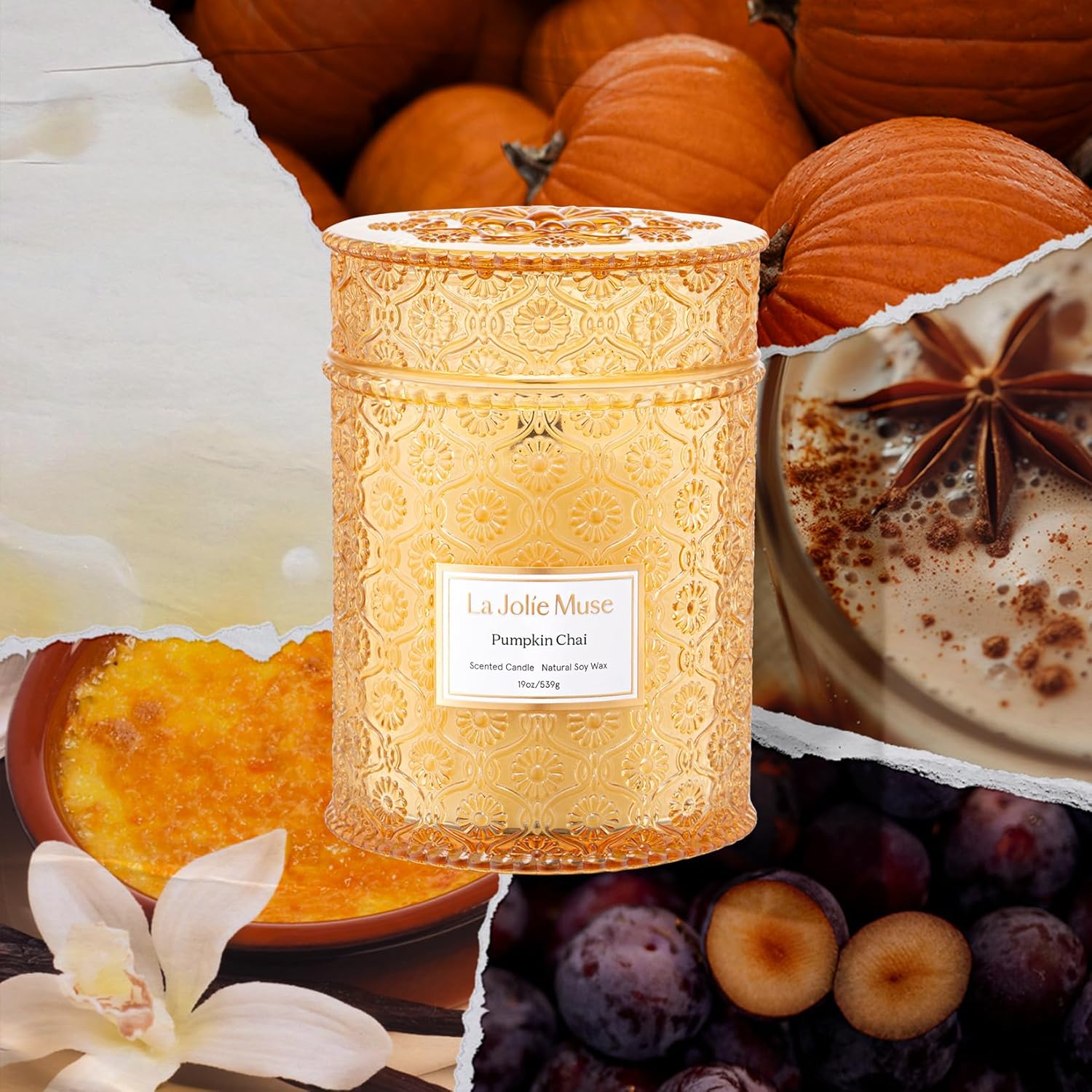 LA JOLIE MUSE Pumpkin Candle, Fall Candles for Home Scented, 19 oz Large Wood Wicked Candles, Natural Soy Candle Gifts for Men&Women, 90 Hours Long Burning, Pumpkin Chai