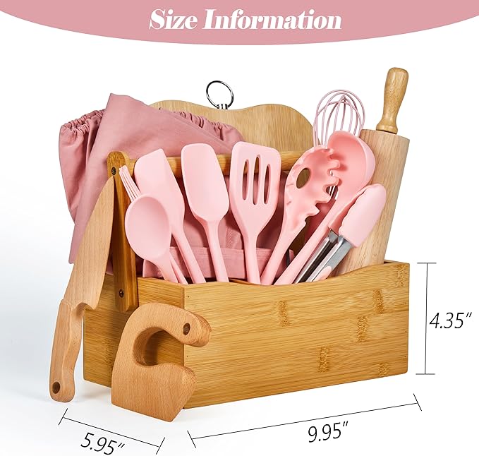 Kids Cooking & Baking Sets Real Little Chef Cooking Utensils Kitchen Set Gifts for Girls Boys Juniors with Utensils Cutting Board Kids Safe Knife Rolling Pin Apron Carrying Basket (Coral Pink)