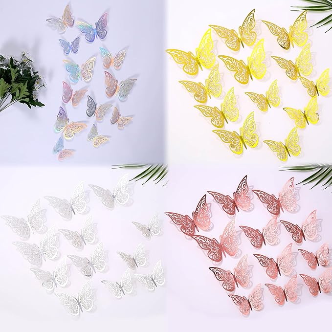 3D Butterfly Wall Decor 48 Pcs 4 Styles 4 Colors 3 Sizes,Gold Silver Laser Rose Butterfly Decorations for Butterfly Birthday Decorations Butterfly Party Decorations Cake Decorations,Removable Sticker
