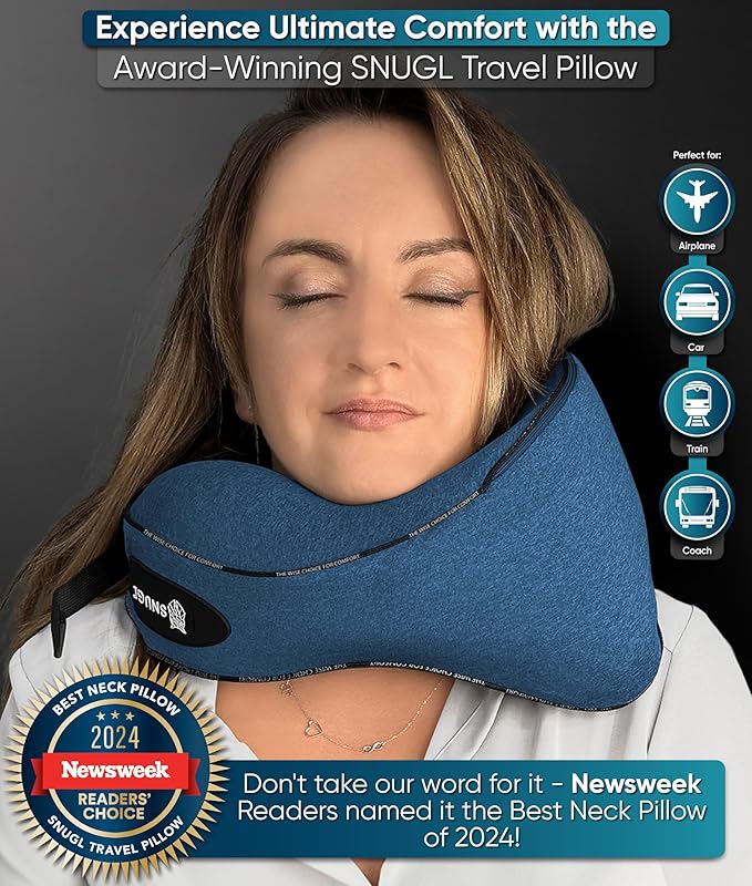 SNUGL Neck Travel Pillow - Memory Foam Airplane Pillow - Flight Pillow | Neck Support Travel Pillow with Carry Bag & Clip | Neck Pillows for Sleeping Travel Plane | Flying Travel Essentials - Blue