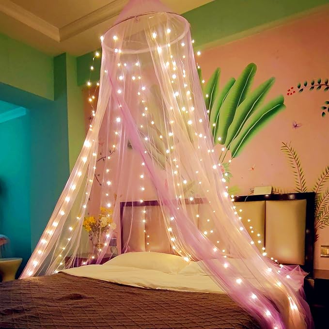 Eimilaly Two-Tone Bed Canopy Mosquito Net Pink Purple with Warm Lights, Bed Canopy for Girls Room Decor, Single Door