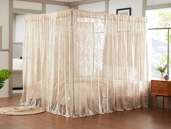 Warm Home Designs Lace Canopy Bed Curtains Set Consists of 8 48" x 78" Linen Canopy Curtains with Tie-Backs. Queen Canopy Bed Curtains or King Bed Canopy Curtains for Coquette Bedroom Decor. LC Linen