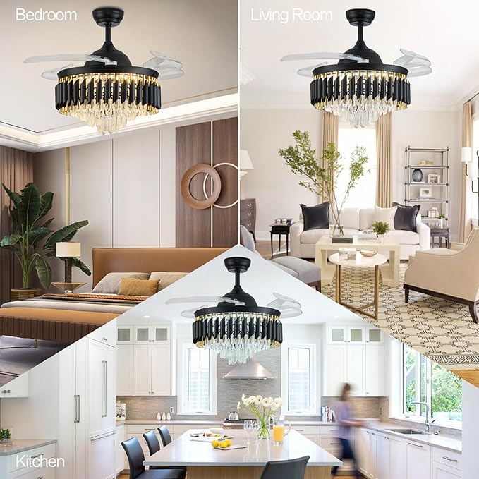 48" Black Chandelier Ceiling Fans with Lights Crystal Ceiling Fan Chandelier Ceiling Fan with Lights Retractable Blade Fandelier Bladeless Ceiling Fans for Dinning Room Living Room Kitchen Foyer