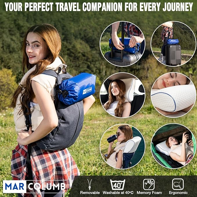 Travel & Camping Comfortable Memory Foam Pillow – Easy to Carry Portable Bag – Temperature Regulating Pillow Case - Perfect for Travelling (White Contour)