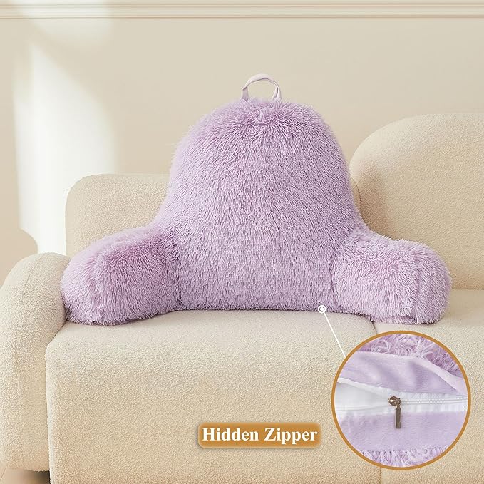 XeGe Fluffy Back Support Pillow Cover for Bed (No Filler), Light Purple Faux Fur Backrest Pillow Case, Lilac Furry Reading Pillow Cover with Arms for Adults Kids, Fuzzy Sit Up Study Pillow, Lavender