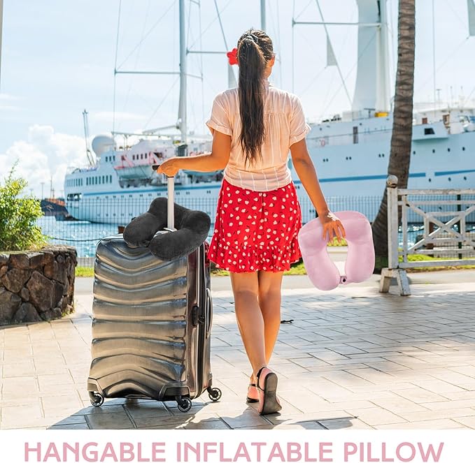 Sintuff 2 Pack Inflatable Travel Pillow for Airplanes Inflatable Neck Pillows with Compact Bag and Blindfold Soft Flight Pillow for Traveling, Airplane, Train, Car, Office(Dark Gray and Light Pink)