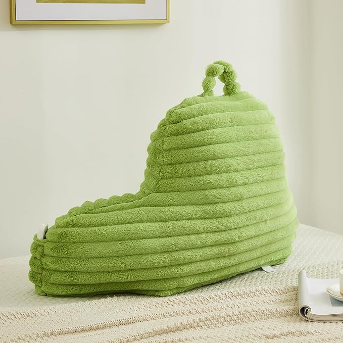 Faux Fur Fluffy Light Green Reading Pillow with Pockets, Luxury Striped Plush Decorative, Arm Rests and Back Surport for Bed Rest, Lounging on Sofa, Standard