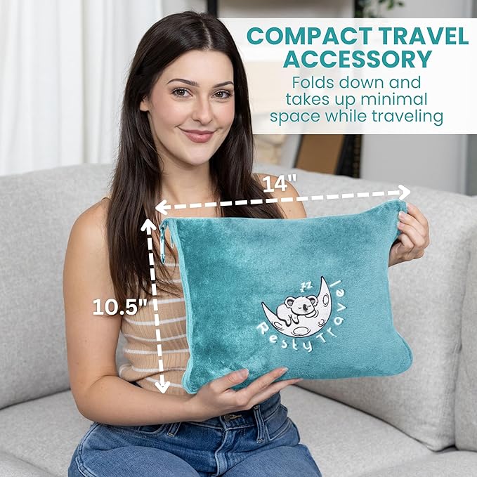 Resty Travel Blanket - Compact Airplane Blanket with Bag - Small and Lightweight Traveling Blanket & Pillow - Portable Blankets with Carabiner for Easy Transport - Plane Train Car (Baby Blue)