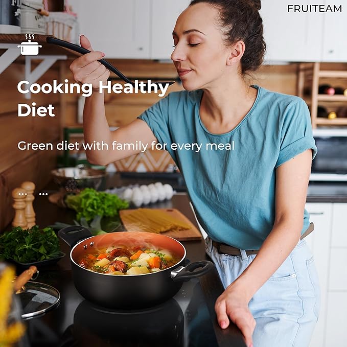 FRUITEAM 6pcs Cookware Set Ceramic Nonstick Soup Pot/Sauce Pan/Frying Pans Set, Copper Aluminum Pan with Lid, Induction Gas Compatible, Black