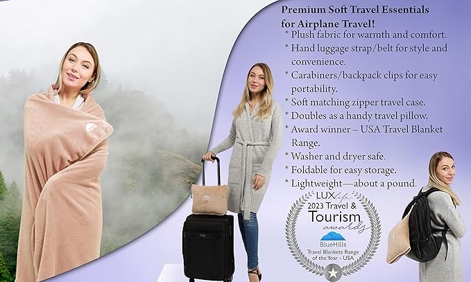 BlueHills Premium Soft 2-Pack Travel Blanket Pillows Airplane Large Plane Flight Throw Travel Blankets for Two in a Bag Compact Traveling Essentials Warm Travel Gifts Long Beige T205