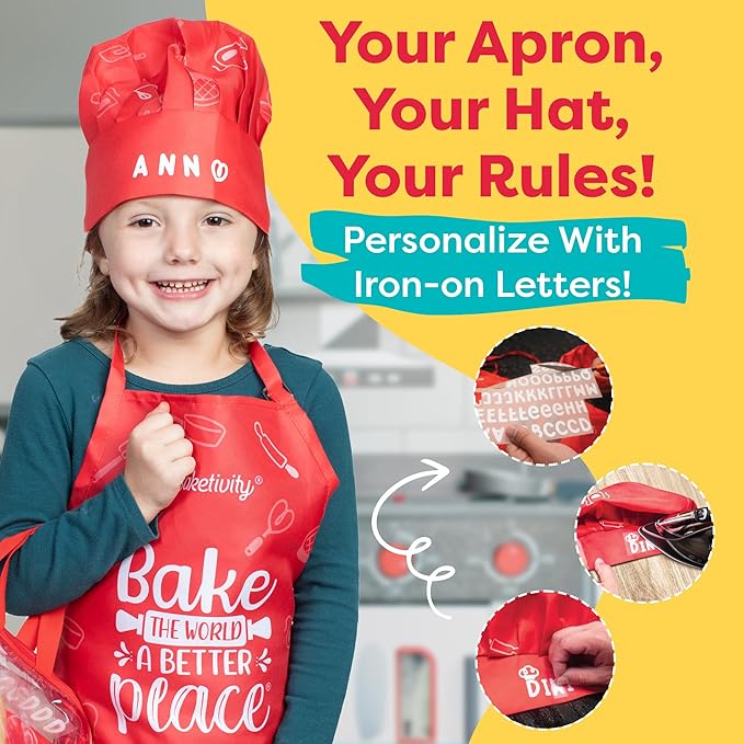 Baketivity Kids Chef Hat and Apron Set for Boys & Girls - One Size Fits All (Adjustable) - Premium, Washable Kids Apron and Chef Hat Set for Cooking - Young Chefs & Junior Bakers Chef Outfit for Kids