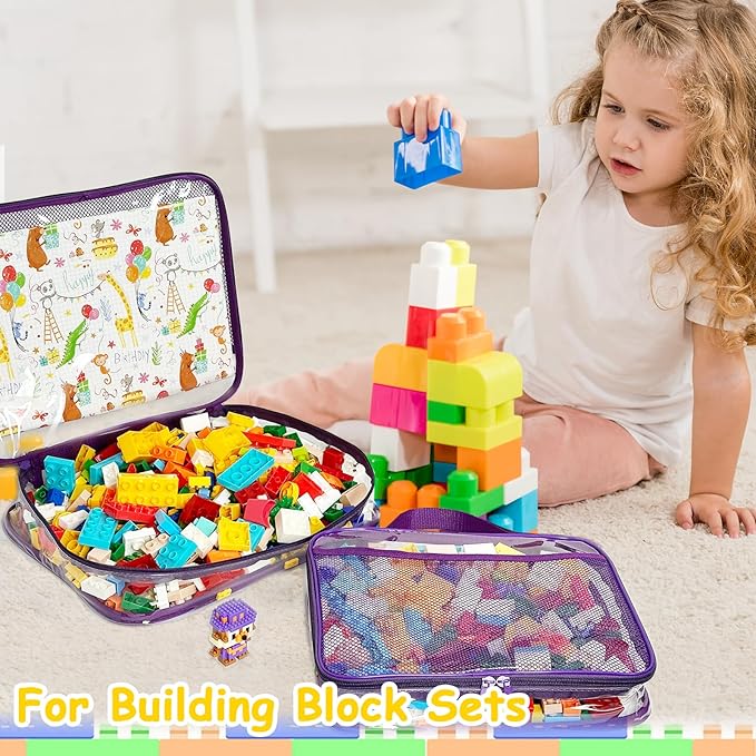 4 Packs PVC Toy Zippered Blocks, Travel Storage Case Bags for Organizing, Waterproof Toy Storage Bags with Mesh Pockets for Building Blocks, Puzzles, Clays,Toy Cars 13.3"Lx3" Wx10.4" H (Purple).