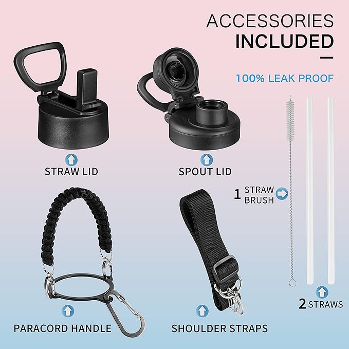 40 oz insulated Water Bottle with Paracord Handles & Strap, 2 Lids(Straw Lid&Spout Lid), Stainless Steel Reusable Wide Mouth Metal Water Bottle With Straw, Double Walled(Black)
