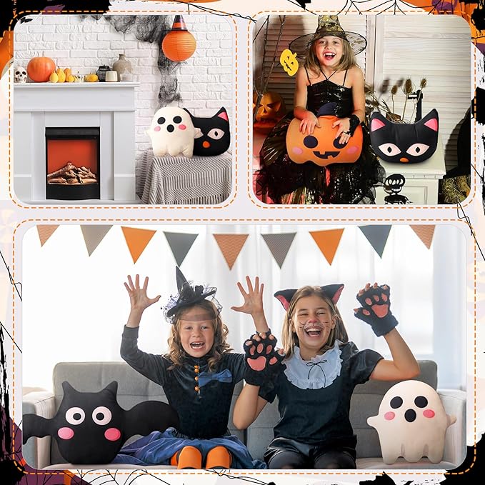 4 Pcs Halloween Plush Pillow Cat Pumpkin Bat Ghost Shaped Plush Pillow Halloween Cushion Creative Holiday Pillow Case Farmhouse Decor for Sofa Bed Couch Halloween Holiday Party Gift