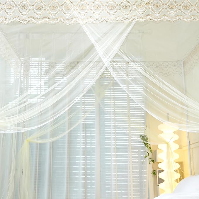 Bed Canopy, Princess Bed Curtain Net for Girls & Adults，Three-Doors Rectangle Lace Dome Netting (Yellow, King)