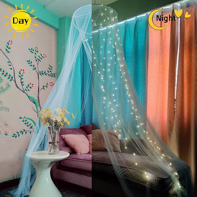 Eimilaly Bed Canopy Mosquito Net with 250pcs Warm White Curtain Lights, Bed Canopy for Girls Room Decor or Theme Party, Blue/Warm White Lights