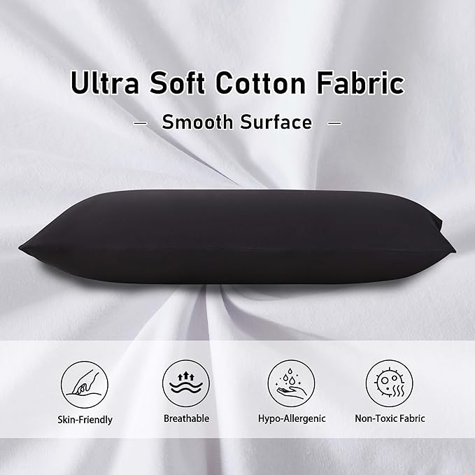 WhatsBedding Memory Foam Body Pillow with 100% Cotton Jersey Knitted Cover, Luxury Soft Large Long Pillow for Adults, Firm Full Body Pillow with Removable Zippered Pillow Case - Black