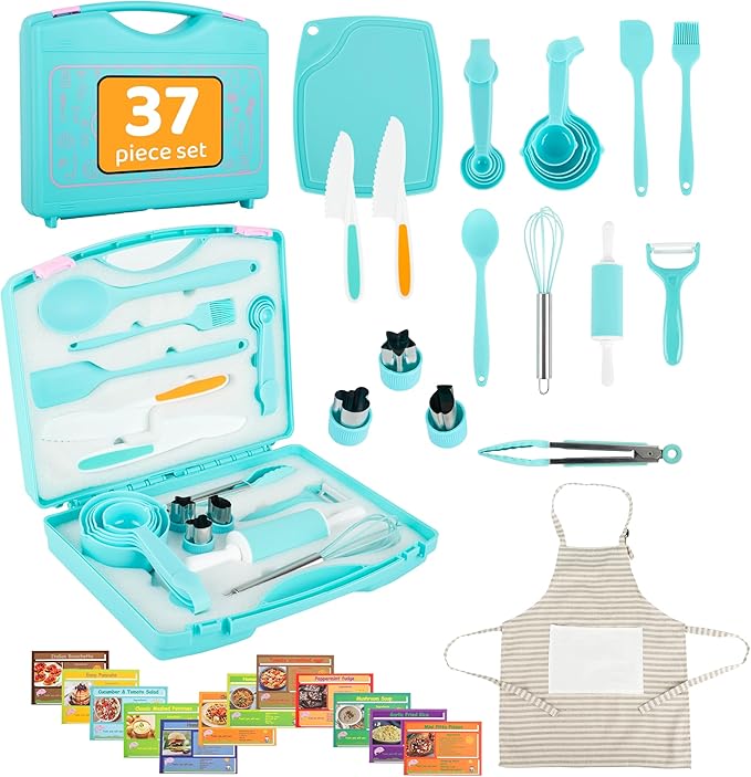 Kids Cooking Sets Baking Set with Storage Container 37 Piece Real Cooking Supplies with Cooking Utensils Cookbook Knives Apron for Girls Boys