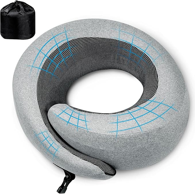 PORTHOLIC 2024 Upgraded Neck Pillow with Buckle for Travel, 100% Pure Memory Foam Travel Neck Pillow for Airplane Travel Flight Headrest Sleep, Portable Plane Accessories (Light Grey)