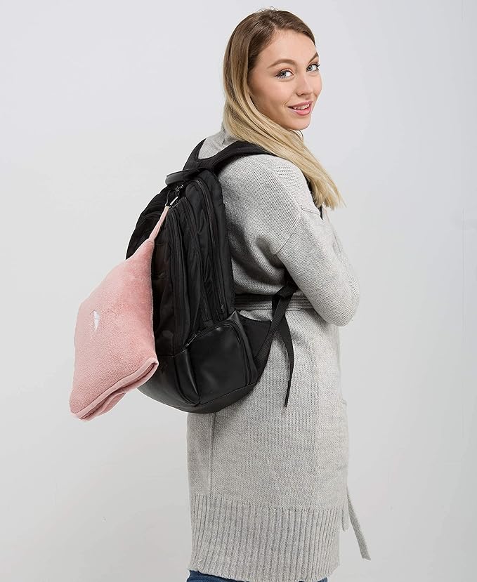 BlueHills Premium Soft Long Travel Blanket Pillow for Tall Airplane Flight Blanket 70 X48 inch Throw in Soft Bag case with Hand Luggage Belt & Backpack Clip Compact Pack Large Blanket Pink T055